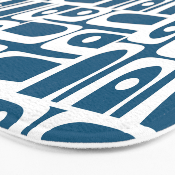 Mid Century Modern Piquet Abstract Multi Geometric Blue and White Pattern Bath Mat Gallery Image 3