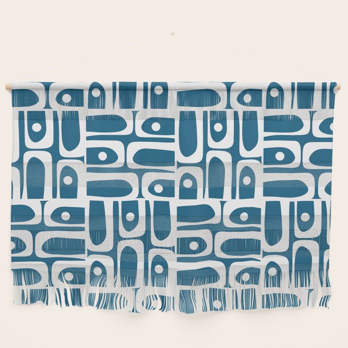 Mid Century Modern Piquet Abstract Multi Geometric Blue and White Pattern Wall Hanging Gallery Image 1