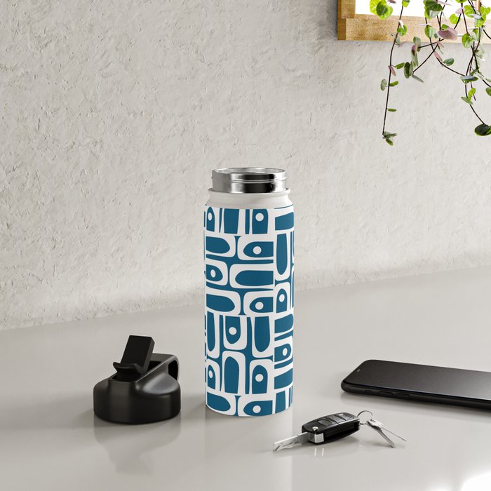 Mid Century Modern Piquet Abstract Multi Geometric Blue and White Pattern Water Bottle Gallery Image 4