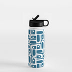 Mid Century Modern Piquet Abstract Multi Geometric Blue and White Pattern Water Bottle Gallery Image 1