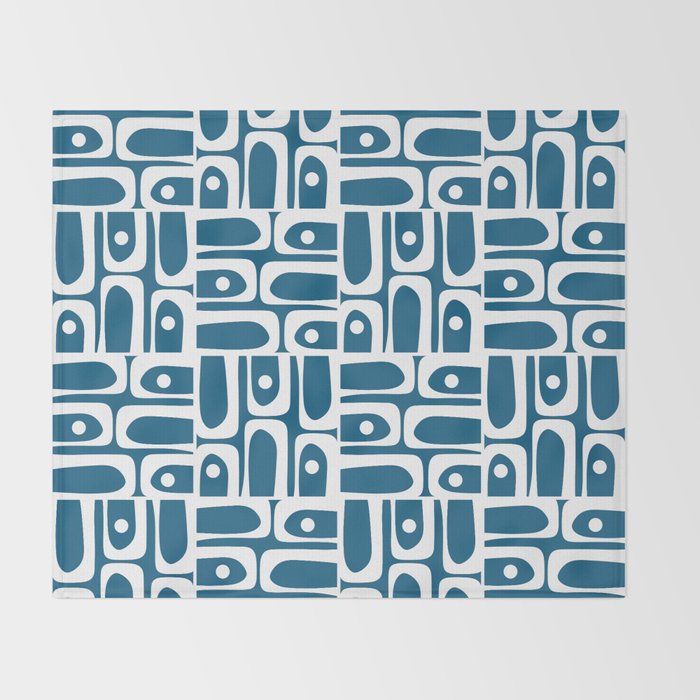 Mid Century Modern Piquet Abstract Multi Geometric Blue and White Pattern Throw Blanket Gallery Image 2