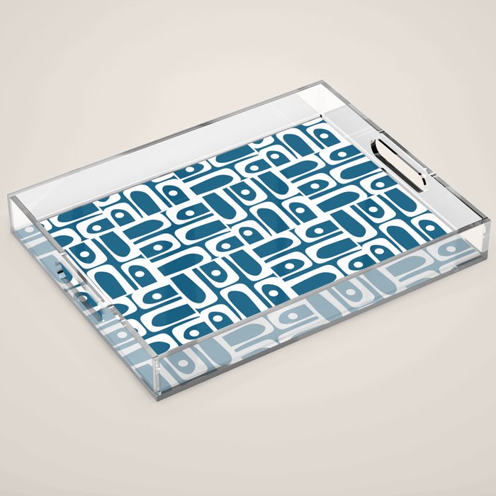 Mid Century Modern Piquet Abstract Multi Geometric Blue and White Pattern Acrylic Tray Gallery Image 1