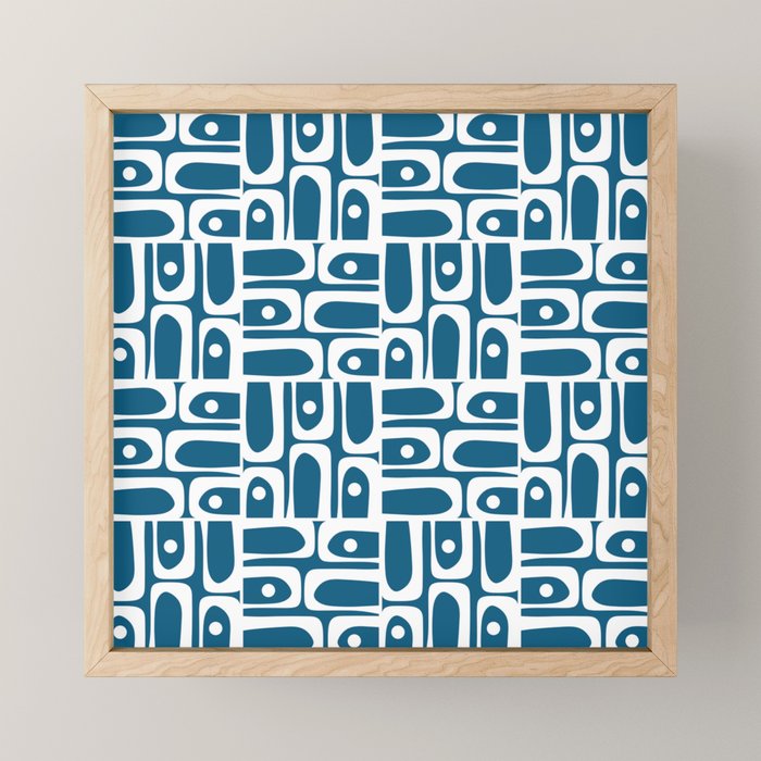 Mid Century Modern Piquet Abstract Multi Geometric Blue and White Pattern Mini Art Print Gallery Image 1