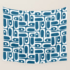 Mid Century Modern Piquet Abstract Multi Geometric Blue and White Pattern Wall Tapestry Gallery Image 4