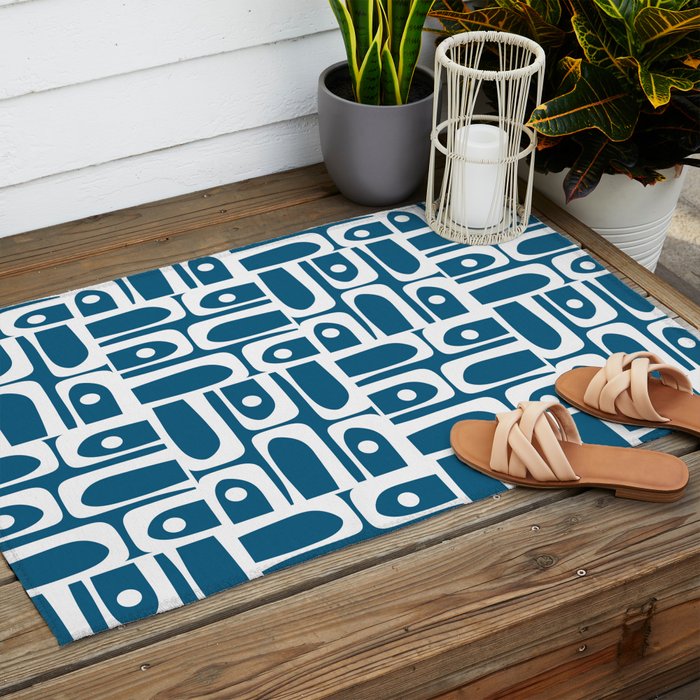 Mid Century Modern Piquet Abstract Multi Geometric Blue and White Pattern Outdoor Rug Gallery Image 2