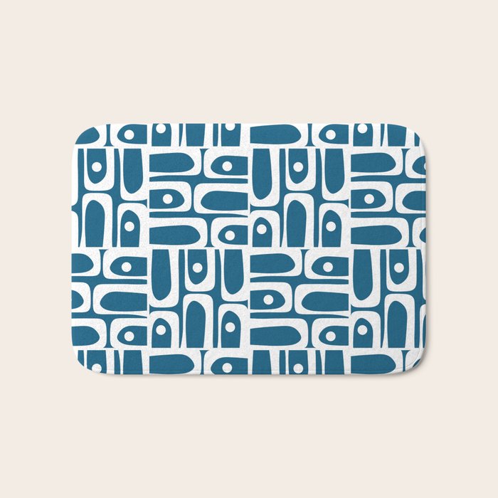 Mid Century Modern Piquet Abstract Multi Geometric Blue and White Pattern Bath Mat Gallery Image 1