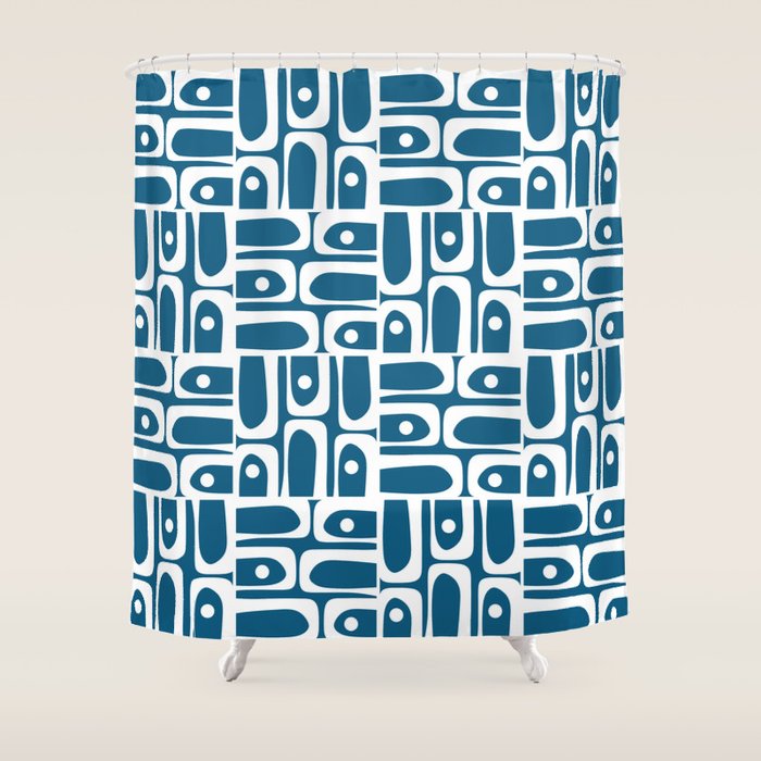 Mid Century Modern Piquet Abstract Multi Geometric Blue and White Pattern Shower Curtain Gallery Image 1