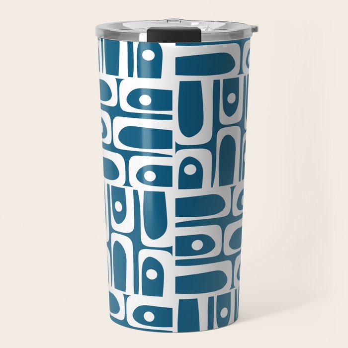 Mid Century Modern Piquet Abstract Multi Geometric Blue and White Pattern Travel Mug Gallery Image 1