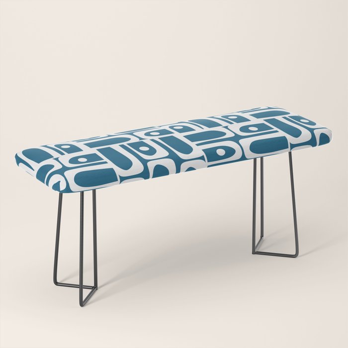 Mid Century Modern Piquet Abstract Multi Geometric Blue and White Pattern Bench Gallery Image 1