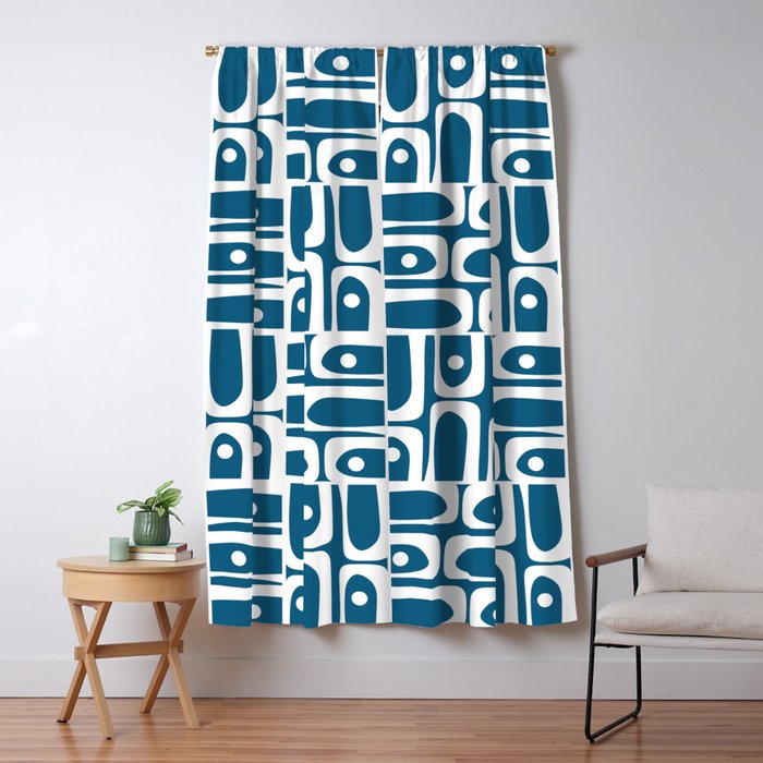Mid Century Modern Piquet Abstract Multi Geometric Blue and White Pattern Window Curtain Gallery Image 1