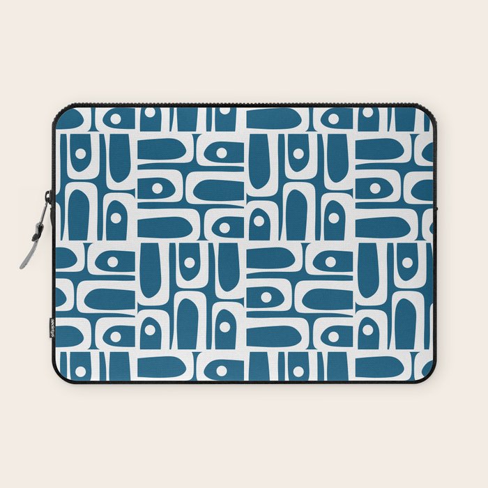 Mid Century Modern Piquet Abstract Multi Geometric Blue and White Pattern Laptop Sleeve Gallery Image 1