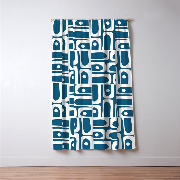 Mid Century Modern Piquet Abstract Multi Geometric Blue and White Pattern Window Curtain Gallery Image 3