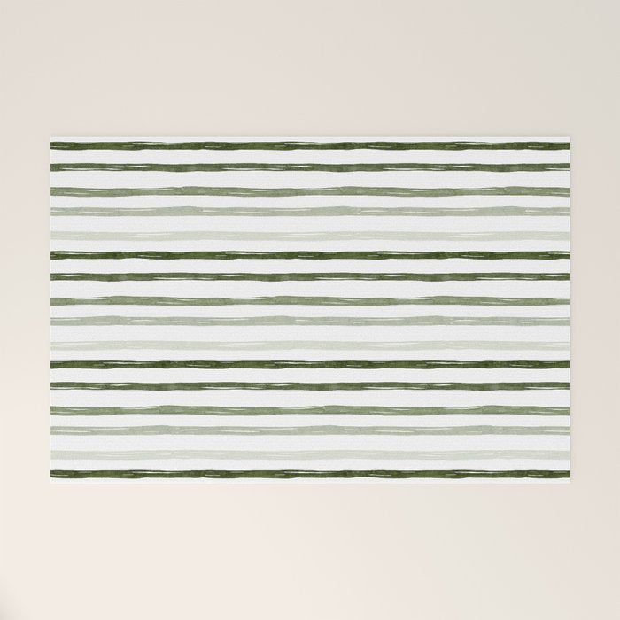 Watercolor Green and White Striped Welcome Mat Gallery Image 1