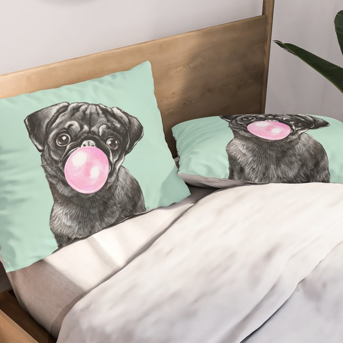 Bubble Gum Black Pug in Green Pillow Sham Gallery Image 2