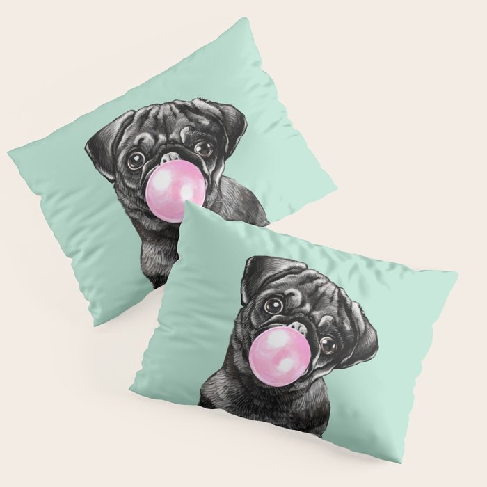 Bubble Gum Black Pug in Green Pillow Sham Gallery Image 1