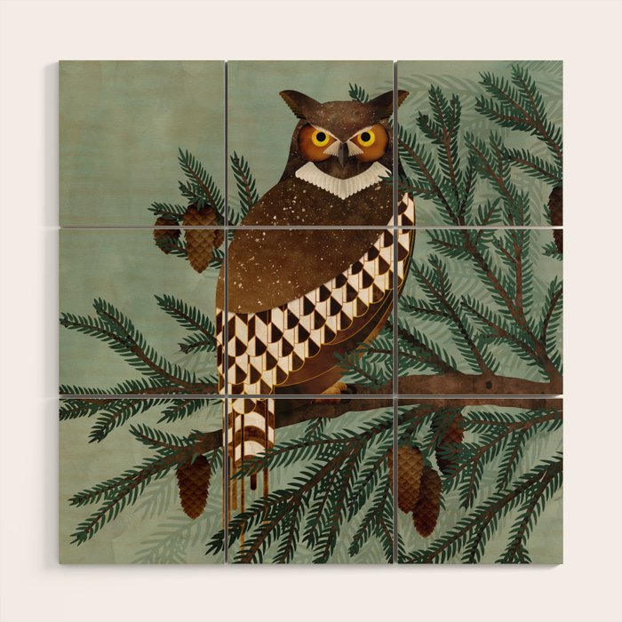 Horned Owl in the Pines Wood Wall Art Gallery Image 2