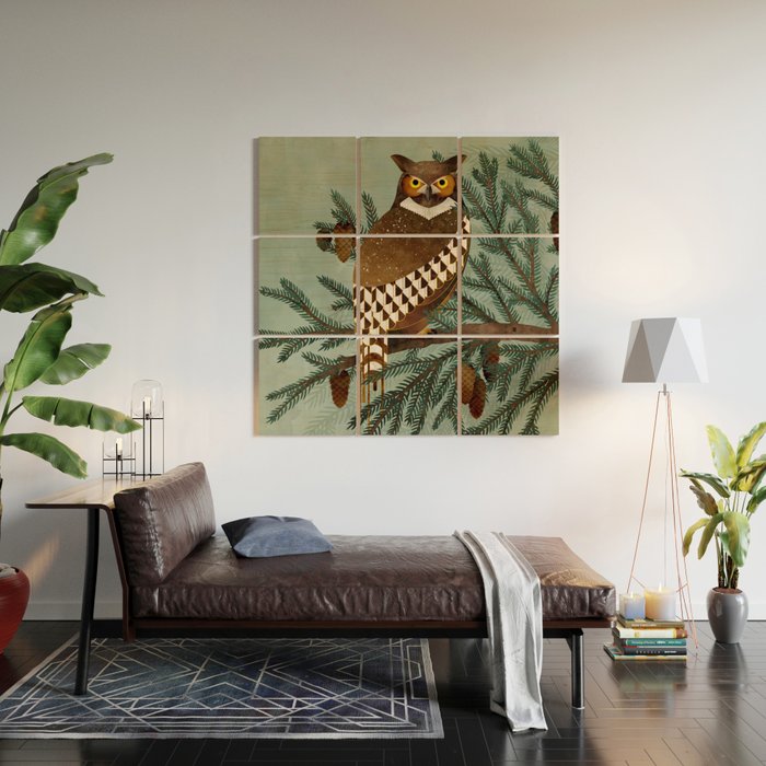 Horned Owl in the Pines Wood Wall Art Gallery Image 2