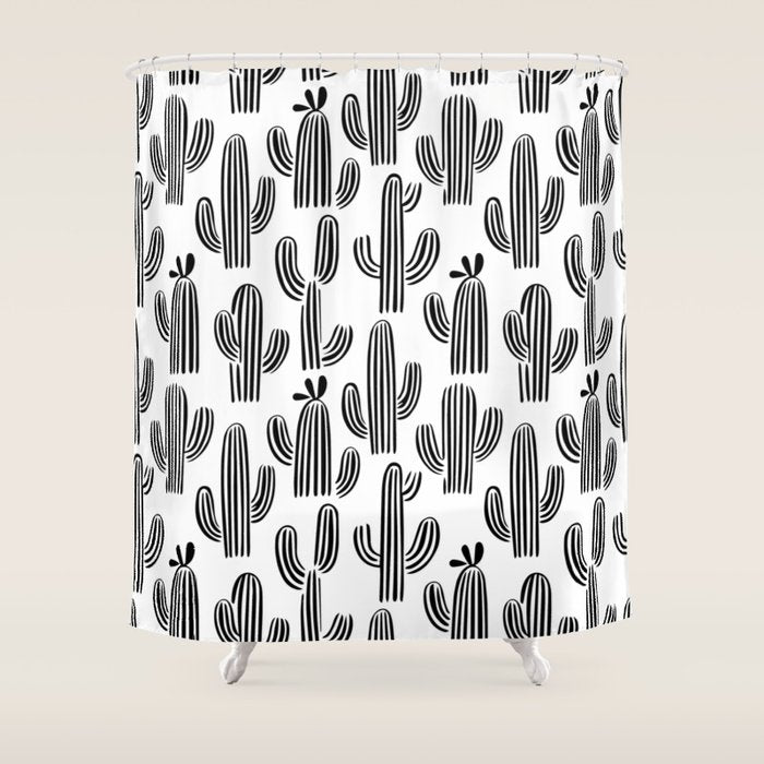 Black and white cactus plant pattern art Shower Curtain Gallery Image 1
