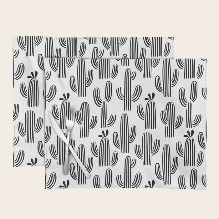 Black and white cactus plant pattern art Placemat Gallery Image 1