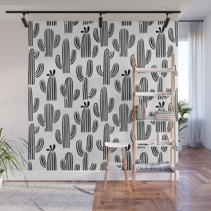 Black and white cactus plant pattern art Wall Mural Gallery Image 1