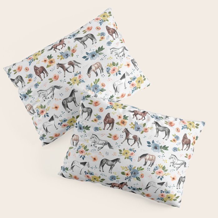 Horses and Flowers, Floral Horses, Western, Horse Art, Horse Decor, Gray Pillow Sham Gallery Image 3