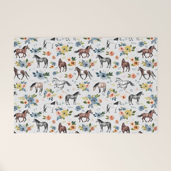 Horses and Flowers, Floral Horses, Western, Horse Art, Horse Decor, Gray Welcome Mat Gallery Image 1