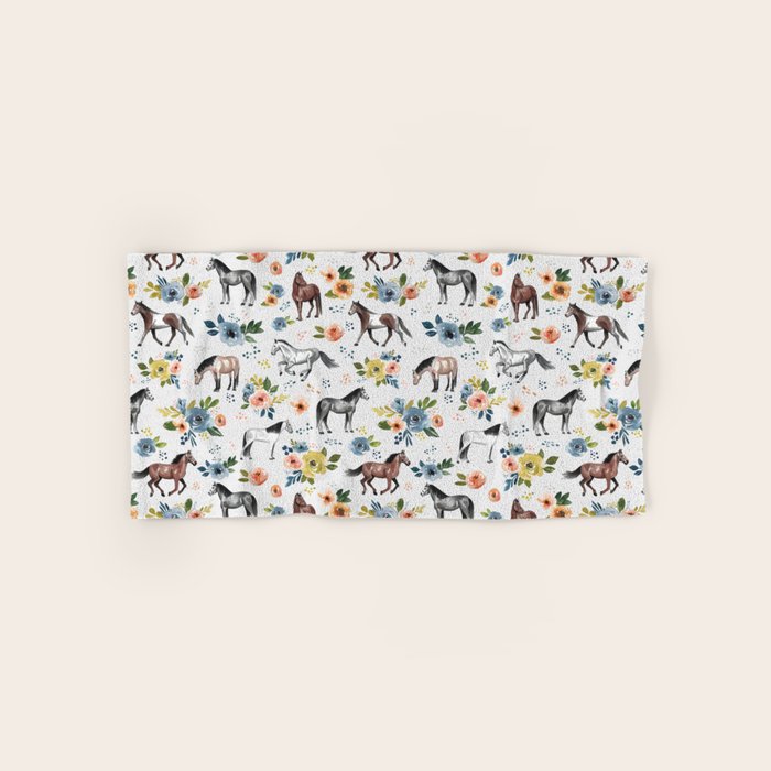 Horses and Flowers, Floral Horses, Western, Horse Art, Horse Decor, Gray Bath Towel Gallery Image 1