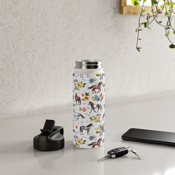 Horses and Flowers, Floral Horses, Western, Horse Art, Horse Decor, Gray Water Bottle Gallery Image 4