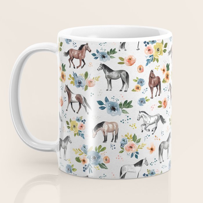 Horses and Flowers, Floral Horses, Western, Horse Art, Horse Decor, Gray Coffee Mug Gallery Image 3