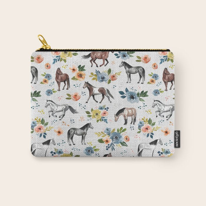 Horses and Flowers, Floral Horses, Western, Horse Art, Horse Decor, Gray Carry All Pouch Gallery Image 1