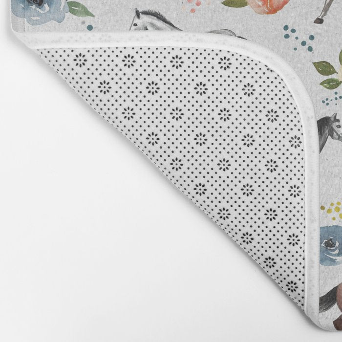 Horses and Flowers, Floral Horses, Western, Horse Art, Horse Decor, Gray Bath Mat Gallery Image 2