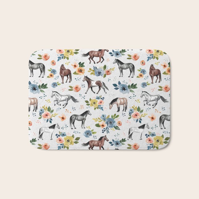Horses and Flowers, Floral Horses, Western, Horse Art, Horse Decor, Gray Bath Mat Gallery Image 1