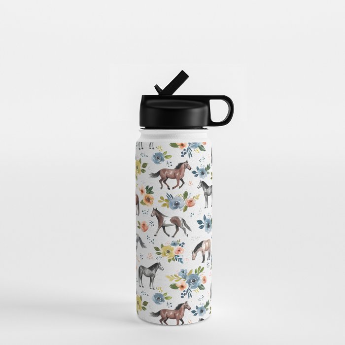 Horses and Flowers, Floral Horses, Western, Horse Art, Horse Decor, Gray Water Bottle Gallery Image 1