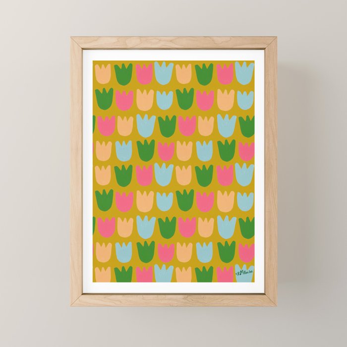 Rows of Tulips in Bloom in Yellow Ochre & Peach Mini Art Print Gallery Image 1