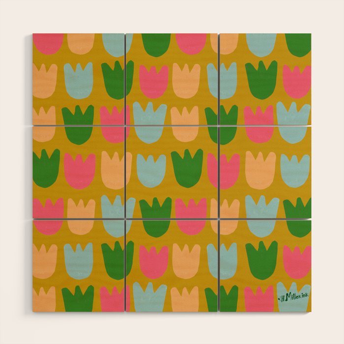 Rows of Tulips in Bloom in Yellow Ochre & Peach Wood Wall Art Gallery Image 1