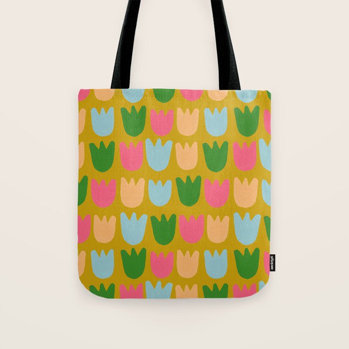 Rows of Tulips in Bloom in Yellow Ochre & Peach Tote Bag Gallery Image 1