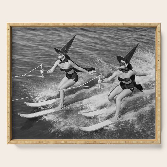 WaterSkiing Witches, Halloween, Black and White Vintage Art Serving Tray Gallery Image 1