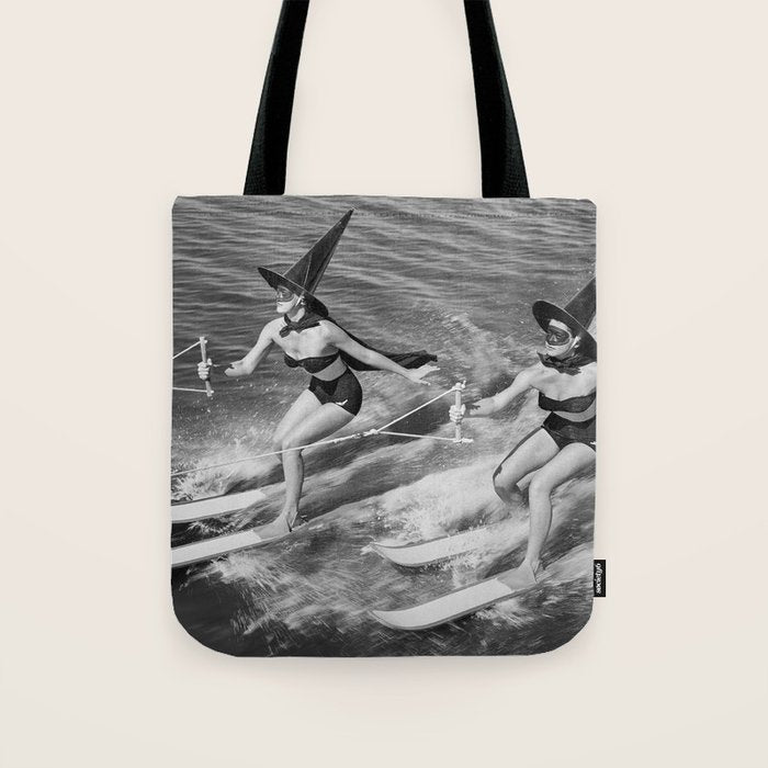 WaterSkiing Witches, Halloween, Black and White Vintage Art Tote Bag Gallery Image 1