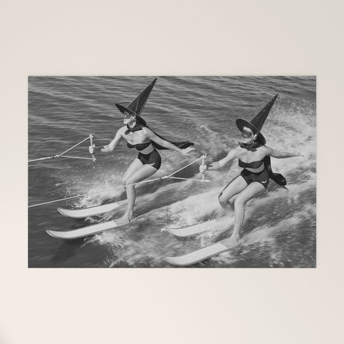 WaterSkiing Witches, Halloween, Black and White Vintage Art Welcome Mat Gallery Image 1