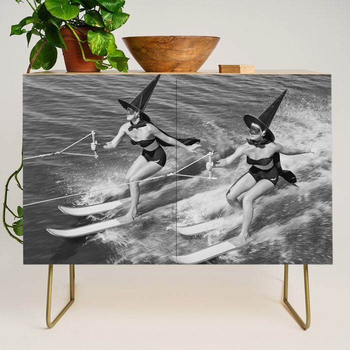 WaterSkiing Witches, Halloween, Black and White Vintage Art Credenza Gallery Image 1