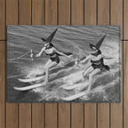 WaterSkiing Witches, Halloween, Black and White Vintage Art Outdoor Rug Gallery Image 1