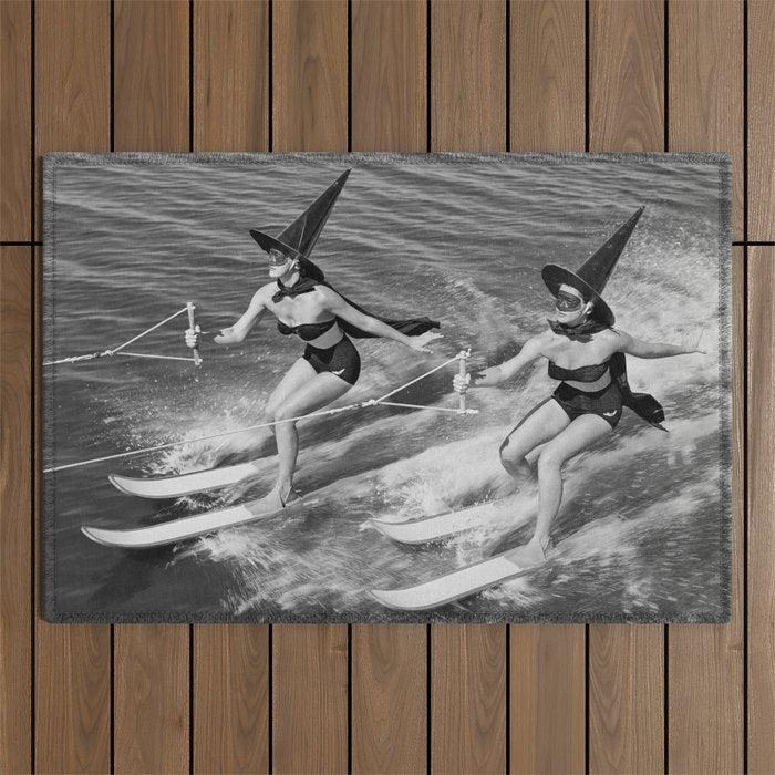WaterSkiing Witches, Halloween, Black and White Vintage Art Outdoor Rug Gallery Image 1