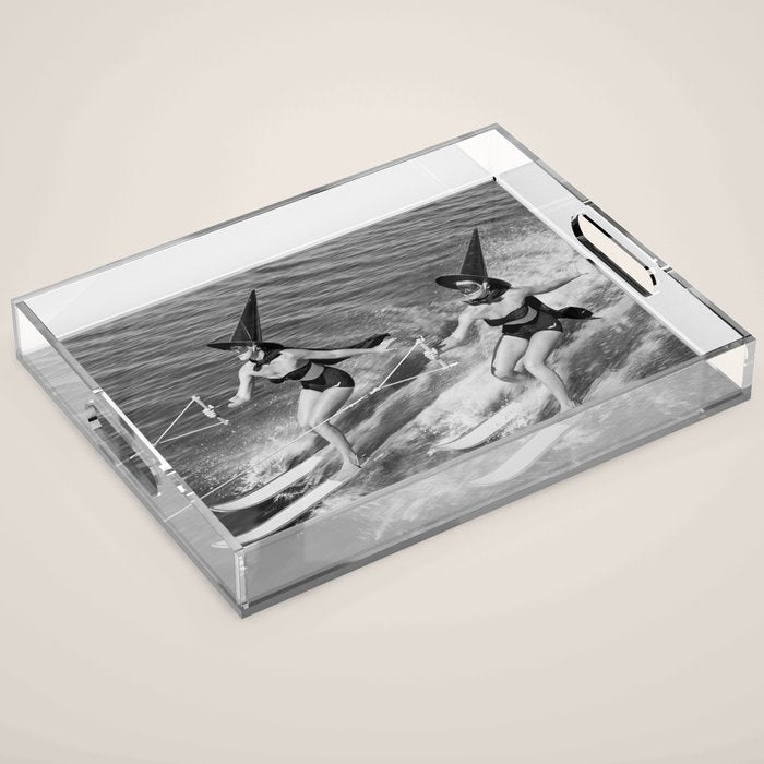 WaterSkiing Witches, Halloween, Black and White Vintage Art Acrylic Tray Gallery Image 1