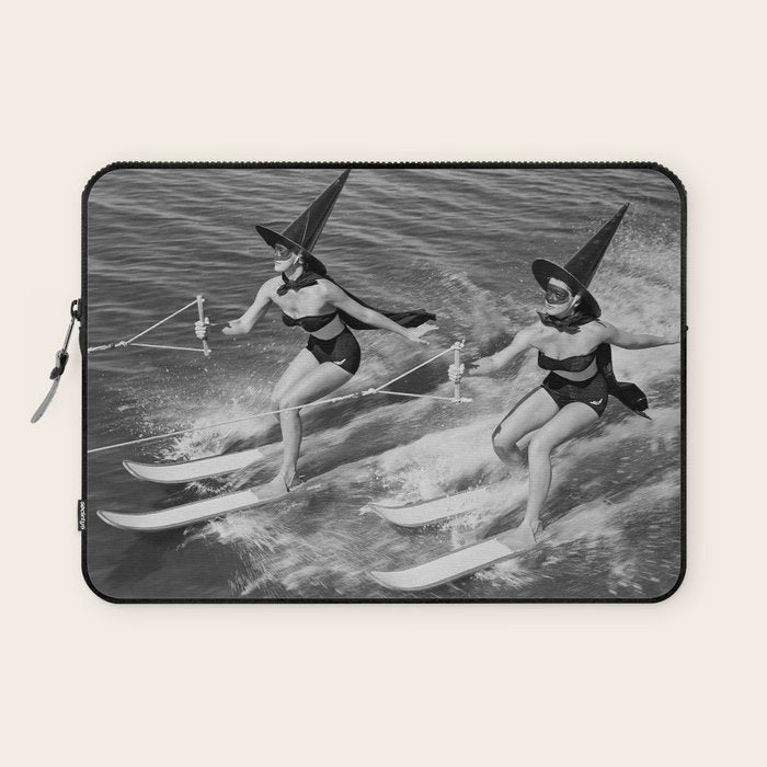 WaterSkiing Witches, Halloween, Black and White Vintage Art Laptop Sleeve Gallery Image 1