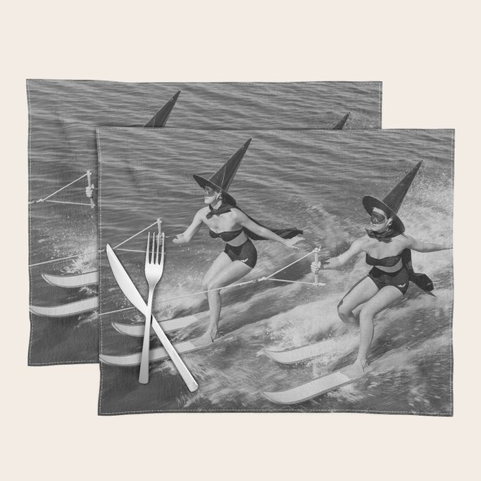 WaterSkiing Witches, Halloween, Black and White Vintage Art Placemat Gallery Image 1