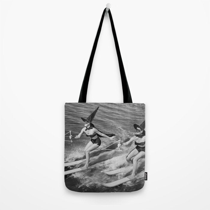 WaterSkiing Witches, Halloween, Black and White Vintage Art Tote Bag Gallery Image 2