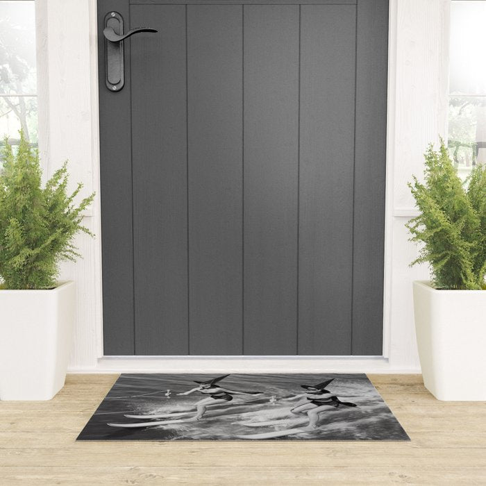 WaterSkiing Witches, Halloween, Black and White Vintage Art Welcome Mat Gallery Image 3