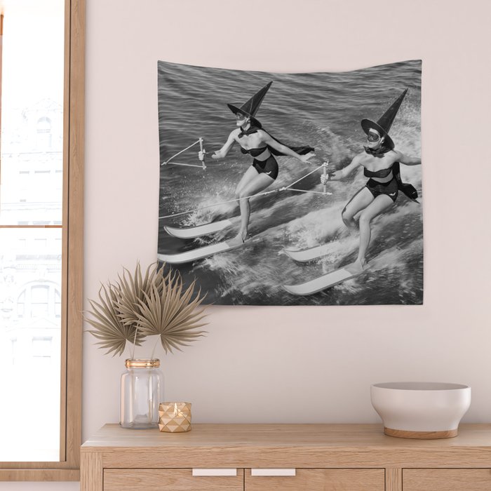 WaterSkiing Witches, Halloween, Black and White Vintage Art Wall Tapestry Gallery Image 2