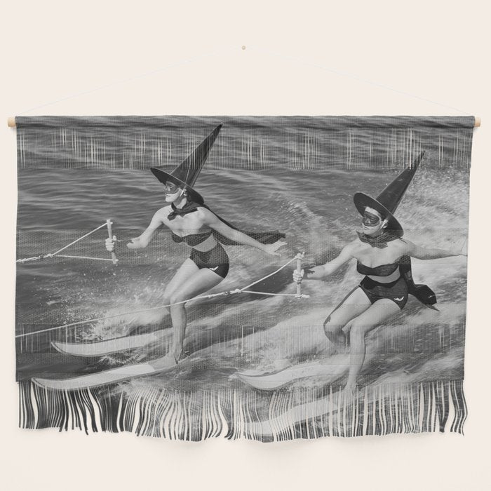 WaterSkiing Witches, Halloween, Black and White Vintage Art Wall Hanging Gallery Image 1
