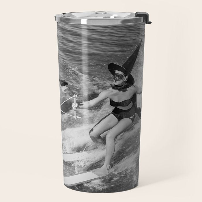 WaterSkiing Witches, Halloween, Black and White Vintage Art Travel Mug Gallery Image 2
